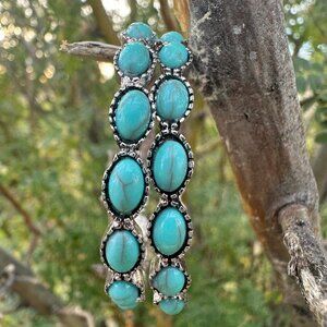 Western Turquoise Hoop Earrings | C-Shape Silver Statement Hoops